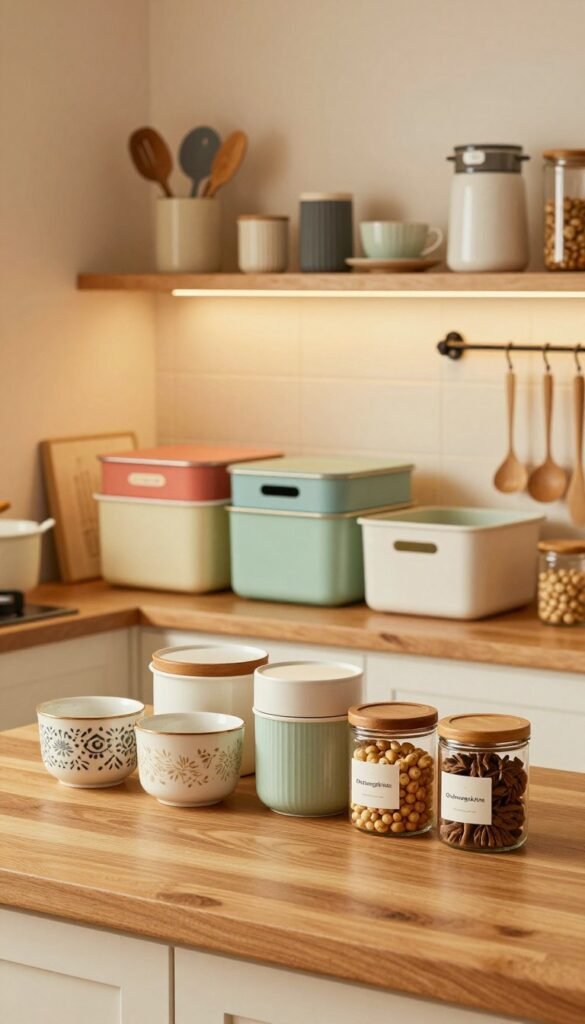 A well-organized kitchen with various Ordnungssysteme, showcasing an array of stylish storage solutions. In the foreground, there is a wooden countertop adorned with decorative containers and labeled jars featuring the brand name "Ordnungskiste." The middle ground displays a tidy kitchen shelf stocked with colorful, aesthetically pleasing storage boxes and bins, set against a warm, inviting backdrop of soft kitchen decor. The background features a cozy kitchen scene with soft lighting illuminating the space, highlighting the orderly arrangement of utensils and appliances. The atmosphere is warm and welcoming, with a Pinterest-inspired aesthetic, creating a sense of harmony and efficiency in a multi-person household kitchen. The image should be vibrant yet serene, emphasizing organization and practicality without any text or distractions.