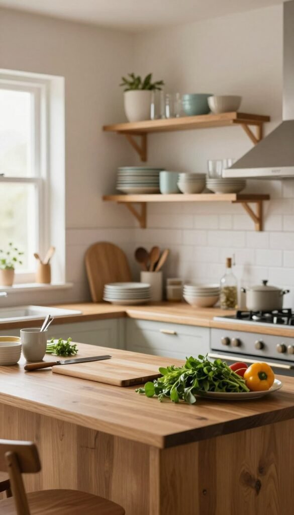 A well-organized kitchen workspace, showcasing an efficient and clutter-free environment. In the foreground, a beautiful wooden kitchen island is neatly arranged with a few essential utensils, a cutting board, and fresh ingredients like herbs and vegetables, suggesting preparation for a meal. The middle ground features well-organized shelves with neatly stacked dishes and glassware, all in soft, warm colors, exuding a cozy and inviting atmosphere. The background showcases a softly lit window with natural light filtering in, illuminating the entire space. The overall mood is calm and serene, emphasizing the benefits of an orderly kitchen, ideal for inspiring a more organized culinary experience. The image should embody a Pinterest-worthy aesthetic, focusing on authenticity without any text or overlays.