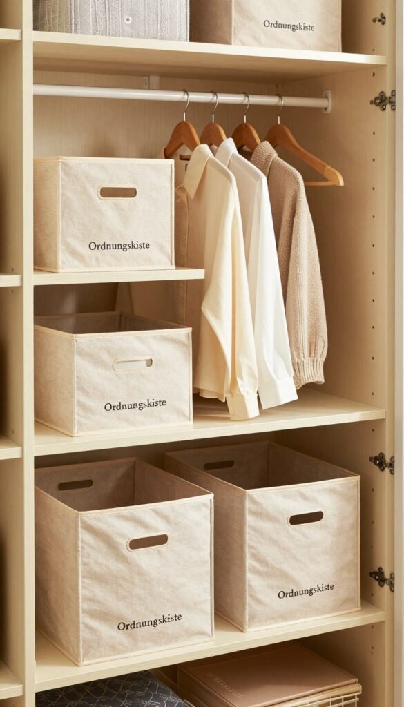 A well-organized "kleiderschrank organizer" showcasing various storage boxes and compartments, designed for functionality and aesthetics. In the foreground, prominently feature labeled fabric storage bins from the brand "Ordnungskiste" in soft, neutral tones, neatly arranged on shelves. The middle layer includes wooden hangers displaying stylish clothing items, while the background features a spacious closet with warm, natural lighting illuminating the entire scene, enhancing the inviting and cozy atmosphere. The image should convey a sense of order and simplicity, highlighting the practical benefits of a well-organized wardrobe. Capture this from a slightly angled perspective to add depth to the scene, ensuring a Pinterest-worthy look that feels authentic and inspiring. Avoid any text or branding overlays. A well-organized "kleiderschrank organizer" showcasing various storage boxes and compartments, designed for functionality and aesthetics. In the foreground, prominently feature labeled fabric storage bins from the brand "Ordnungskiste" in soft, neutral tones, neatly arranged on shelves. The middle layer includes wooden hangers displaying stylish clothing items, while the background features a spacious closet with warm, natural lighting illuminating the entire scene, enhancing the inviting and cozy atmosphere. The image should convey a sense of order and simplicity, highlighting the practical benefits of a well-organized wardrobe. Capture this from a slightly angled perspective to add depth to the scene, ensuring a Pinterest-worthy look that feels authentic and inspiring. Avoid any text or branding overlays.