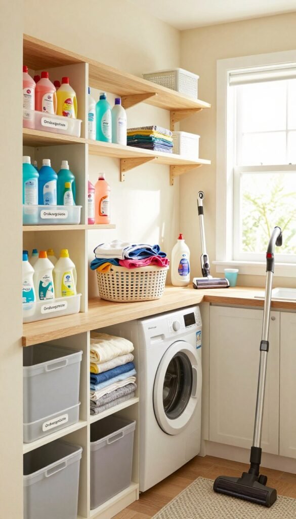 A well-organized laundry room with ample storage space. In the foreground, a stylish wall of shelves filled with neatly labeled containers from "Ordnungskiste," showcasing colorful cleaning supplies and laundry essentials. The middle section features a practical countertop with a basket of freshly folded clothes and various cleaning devices like a vacuum and mop. In the background, bright natural light filters through a window, illuminating the warm, inviting colors of the room. The atmosphere is cozy and orderly, evoking a sense of efficiency and care. Capture the image from a slightly angled view, emphasizing depth and inviting the viewer into this functional, aesthetically pleasing space. The image should be free from any text or watermarks, embodying a Pinterest-inspired look. A well-organized laundry room with ample storage space. In the foreground, a stylish wall of shelves filled with neatly labeled containers from "Ordnungskiste," showcasing colorful cleaning supplies and laundry essentials. The middle section features a practical countertop with a basket of freshly folded clothes and various cleaning devices like a vacuum and mop. In the background, bright natural light filters through a window, illuminating the warm, inviting colors of the room. The atmosphere is cozy and orderly, evoking a sense of efficiency and care. Capture the image from a slightly angled view, emphasizing depth and inviting the viewer into this functional, aesthetically pleasing space. The image should be free from any text or watermarks, embodying a Pinterest-inspired look.
