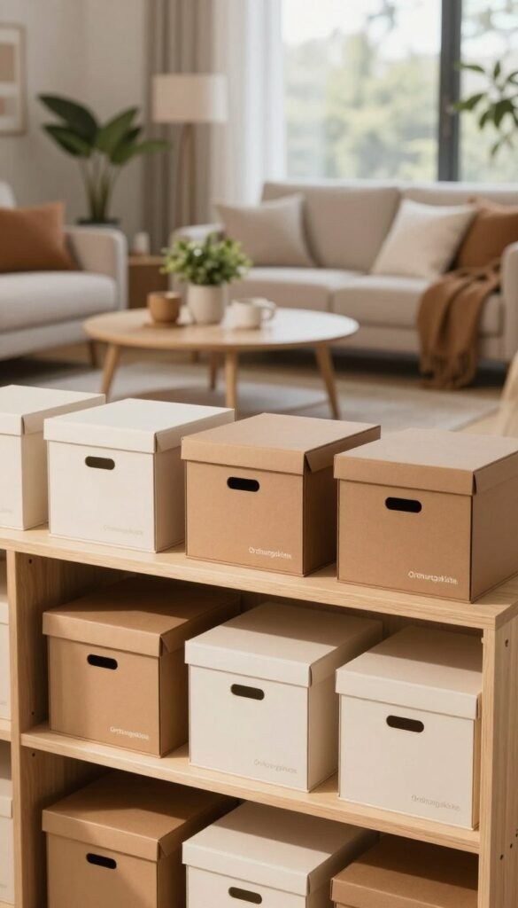 A well-organized living space featuring an aesthetically pleasing Ordnungssysteme by "Ordnungskiste." In the foreground, there is a beautifully arranged shelf filled with stylish storage boxes, labeled neatly, showcasing a warm color palette of soft browns and light pastels. The middle ground presents a cozy sitting area with a minimalist coffee table adorned with houseplants and decorative items. In the background, a large window lets in gentle, natural light, casting soft shadows that enhance the serene atmosphere. The overall mood is inviting and functional, exemplifying modern living with a touch of elegance. The image captures the essence of practical organization, making it perfect for inspiring readers interested in effective home systems.