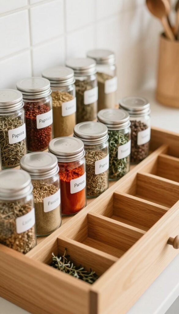 A well-organized, low-budget spice drawer organizer filled with various jars of spices. The foreground showcases the neatly arranged spice jars, each labeled clearly, with a mix of colorful spices like paprika, cumin, and thyme. In the middle, the wooden organizer occupies the drawer, highlighting its compartments designed to maximize space. The background fades softly, suggesting the interior of a cozy kitchen with warm lighting, adding a homely atmosphere. A shallow depth of field focuses on the spice organizer while allowing subtle kitchen elements to hint at a lived-in, inviting space. The overall mood is warm and cheerful, with natural colors that evoke a Pinterest-like aesthetic, free from any text or distractions. A well-organized, low-budget spice drawer organizer filled with various jars of spices. The foreground showcases the neatly arranged spice jars, each labeled clearly, with a mix of colorful spices like paprika, cumin, and thyme. In the middle, the wooden organizer occupies the drawer, highlighting its compartments designed to maximize space. The background fades softly, suggesting the interior of a cozy kitchen with warm lighting, adding a homely atmosphere. A shallow depth of field focuses on the spice organizer while allowing subtle kitchen elements to hint at a lived-in, inviting space. The overall mood is warm and cheerful, with natural colors that evoke a Pinterest-like aesthetic, free from any text or distractions.