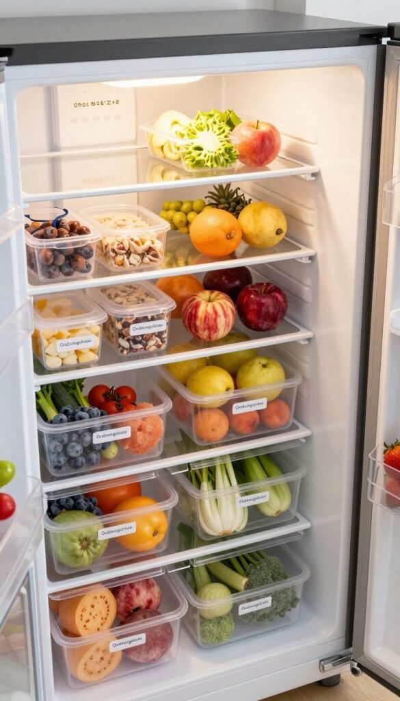 A well-organized, modern deep freezer interior illuminated with warm, natural lighting, evoking a cozy atmosphere. In the foreground, neatly arranged plastic storage bins labeled ‘Ordnungskiste’, filled with a variety of colorful frozen foods, fruits, and vegetables. The middle section showcases clear partitions, with easy-to-identify sections for different food types, showcasing an efficient layout that conveys order and accessibility. In the background, the freezer door is slightly ajar, revealing a crisp, clean interior. The camera angle is slightly tilted from above, emphasizing depth and giving a systematic view of the freezer’s contents. The overall mood is inviting and practical, capturing the essence of everyday organization without any text or distractions.