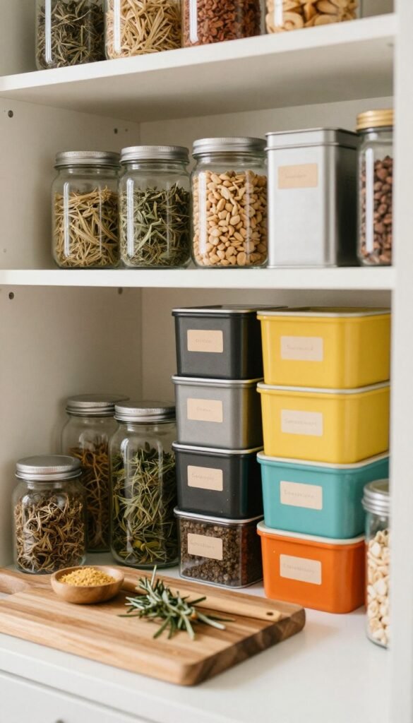 A well-organized pantry shelf filled with various container systems, including clear glass jars, metal tins, and colorful storage boxes, showcasing an array of dried herbs, spices, snacks, and pantry staples. In the foreground, a stylish wooden cutting board holds cooking essentials. The middle section features the neatly arranged containers in harmonious colors, with labels visible yet unobtrusive. The background displays soft, warm lighting filtering in from a window, creating a cozy atmosphere. The depth of field gently blurs the background, focusing on the containers. The mood is inviting and practical, reflecting a well-organized space that feels both functional and aesthetically pleasing. Emphasize natural colors with a Pinterest-inspired aesthetic. A well-organized pantry shelf filled with various container systems, including clear glass jars, metal tins, and colorful storage boxes, showcasing an array of dried herbs, spices, snacks, and pantry staples. In the foreground, a stylish wooden cutting board holds cooking essentials. The middle section features the neatly arranged containers in harmonious colors, with labels visible yet unobtrusive. The background displays soft, warm lighting filtering in from a window, creating a cozy atmosphere. The depth of field gently blurs the background, focusing on the containers. The mood is inviting and practical, reflecting a well-organized space that feels both functional and aesthetically pleasing. Emphasize natural colors with a Pinterest-inspired aesthetic.