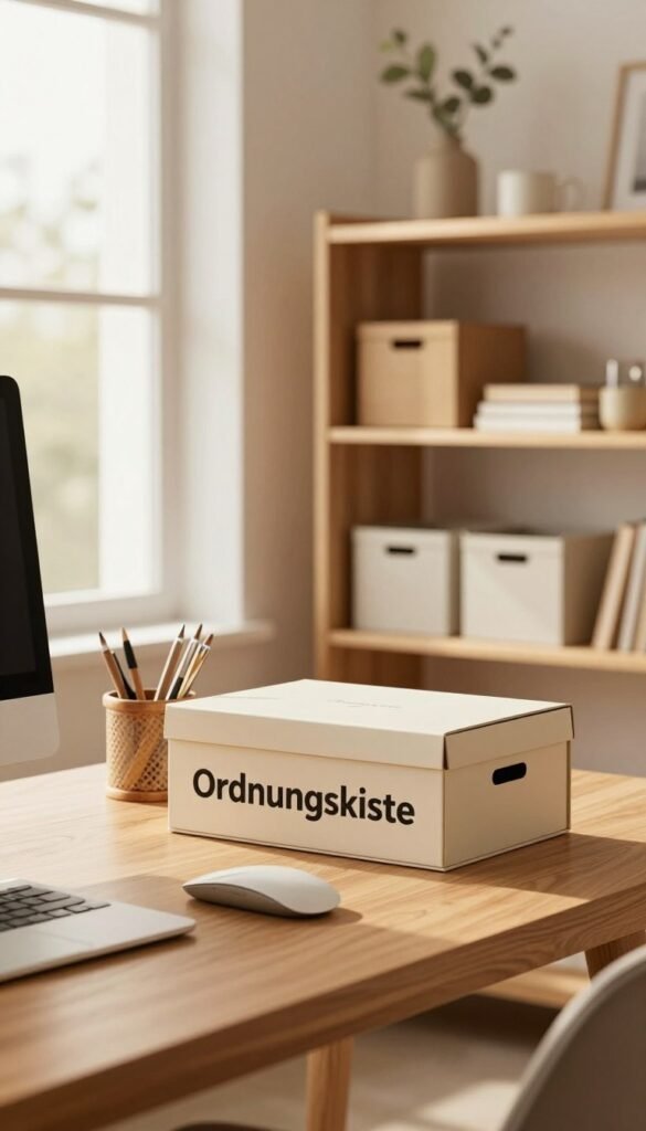 A well-organized, professional home office space showcasing "Ordnungskiste" storage solutions. In the foreground, display an elegant wooden desk with neatly arranged office supplies, featuring a stylish box labeled "Ordnungskiste". In the middle ground, include light-colored shelves stocked with labeled bins and decorative items that convey a sense of order and efficiency. The background shows a large window allowing warm, natural light to flood the room, creating an inviting atmosphere. Emphasize warm colors that evoke comfort and approachability, blending seamlessly into a Pinterest-worthy aesthetic. The scene should have a balanced composition and a slight depth of field effect, ensuring the focus remains on the organizational elements while contributing to a calm, motivational mood.