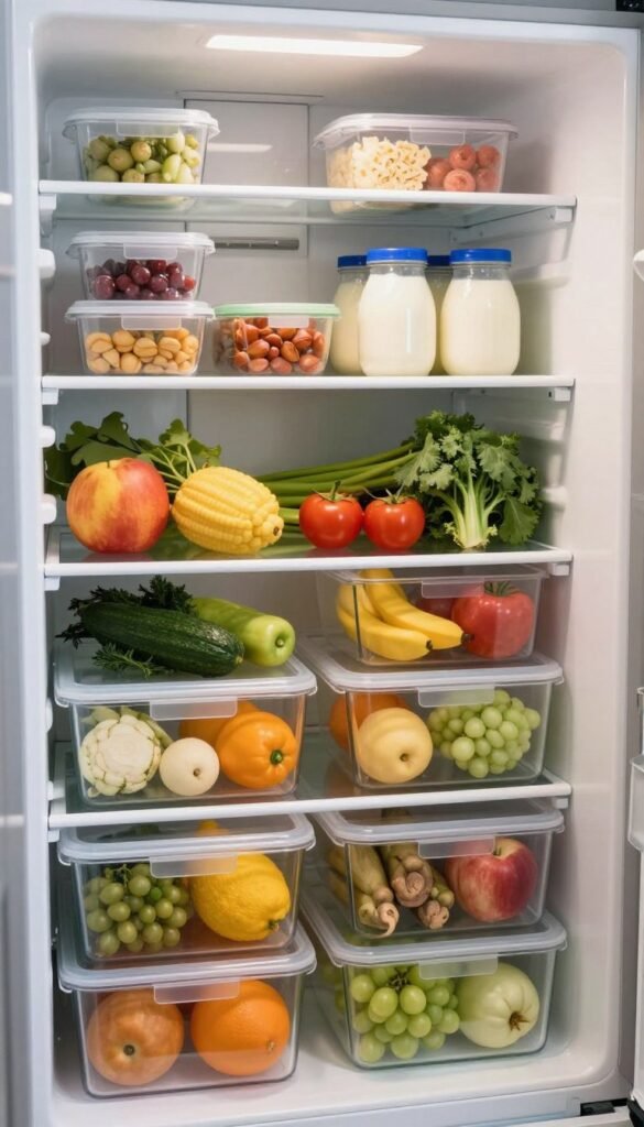 A well-organized refrigerator interior showcasing a variety of food items neatly arranged in transparent storage boxes. The scene should capture the essence of effective fridge organization, featuring colorful fruits, vegetables, dairy products, and meal prep containers. The foreground highlights the storage boxes, with labels subtly visible, while the middle ground displays an array of fresh ingredients, creating a vibrant and inviting atmosphere. In the background, shelves are stocked with orderly food items, emphasizing a clutter-free environment. Soft, natural lighting bathes the scene, enhancing the warm colors and creating a cozy feel. The overall mood is inviting and inspiring, perfect for promoting food organization and reducing waste. The composition should have a Pinterest-inspired aesthetic, appearing authentic and visually appealing without any text or markings. A well-organized refrigerator interior showcasing a variety of food items neatly arranged in transparent storage boxes. The scene should capture the essence of effective fridge organization, featuring colorful fruits, vegetables, dairy products, and meal prep containers. The foreground highlights the storage boxes, with labels subtly visible, while the middle ground displays an array of fresh ingredients, creating a vibrant and inviting atmosphere. In the background, shelves are stocked with orderly food items, emphasizing a clutter-free environment. Soft, natural lighting bathes the scene, enhancing the warm colors and creating a cozy feel. The overall mood is inviting and inspiring, perfect for promoting food organization and reducing waste. The composition should have a Pinterest-inspired aesthetic, appearing authentic and visually appealing without any text or markings.
