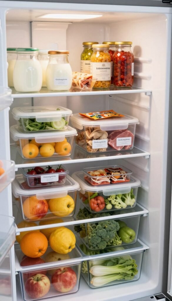 A well-organized refrigerator showcasing the concept of "kühlschrank richtig einräumen" as part of a guided zone organization. In the foreground, neatly arranged food items in transparent containers labeled with "Ordnungskiste," featuring vibrant fruits, fresh vegetables, and stylish glass jars of condiments. The middle ground displays carefully designated zones such as dairy on one shelf, meats on another, and snacks in a visible compartment, maintaining an attractive layout. In the background, soft natural lighting filters in, creating a warm and inviting atmosphere, emphasizing the freshness of the food and the efficient use of space. The shoot angle is slightly from above, capturing the entire shelves while highlighting the harmony and organization within the fridge. No text or logos are present in the image.