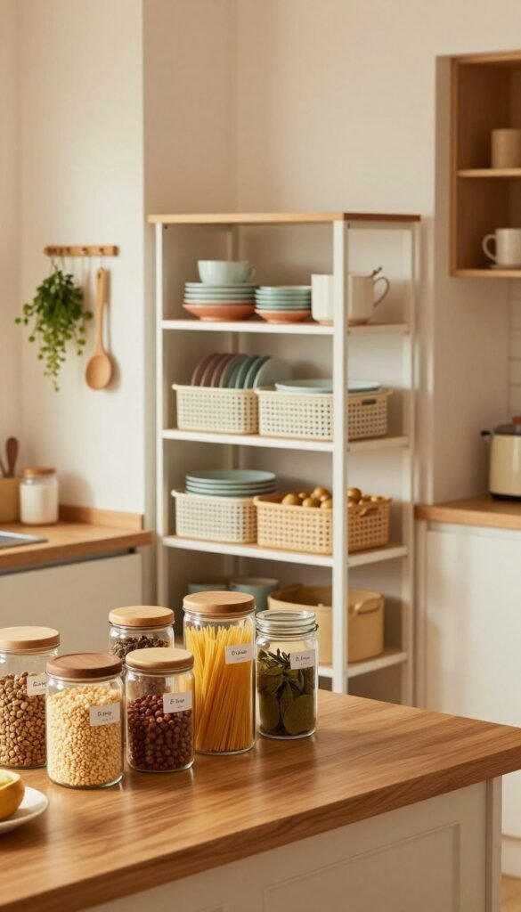 A well-organized, small kitchen scene showcasing various storage solutions for limited spaces. In the foreground, a sleek wooden countertop displays an assortment of neatly labeled jars and canisters filled with grains, pasta, and spices, emphasizing practicality and style. The middle ground features an elegant, minimalistic shelving unit filled with colorful dishware and storage baskets, illustrating effective use of vertical space. The background reveals a compact, modern refrigerator and wall-mounted racks with herbs and utensils, adding to the kitchen's functionality. Soft, warm lighting bathes the space, creating a cozy and inviting atmosphere. The image captures a Pinterest-worthy aesthetic, with earthy tones and an authentic look, free of any text or branding. The overall mood is harmonious and inspiring for anyone looking to maximize small kitchen storage.