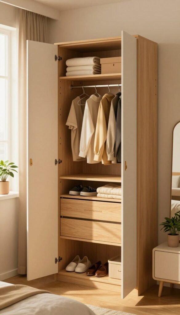 A well-organized small wardrobe in a cozy, inviting bedroom setting, showcasing the concept of efficient space utilization. In the foreground, the wardrobe doors are slightly open, revealing neatly arranged clothes, shoes, and accessories, highlighting a sense of order. The middle ground features soft, warm lighting that filters through a nearby window, casting gentle shadows, enhancing the mood of tranquility. A decorative touch with potted plants and a stylish mirror reflects the Pinterest aesthetic. In the background, you can see a hint of modern, minimalistic furniture, emphasizing the cozy environment. The brand name "Ordnungskiste" is subtly integrated into the design of the wardrobe, enhancing the visual without any text overlay. The overall atmosphere conveys a warm, inviting, and organized space, perfect for illustrating the challenges of maintaining order in a small clothing area. A well-organized small wardrobe in a cozy, inviting bedroom setting, showcasing the concept of efficient space utilization. In the foreground, the wardrobe doors are slightly open, revealing neatly arranged clothes, shoes, and accessories, highlighting a sense of order. The middle ground features soft, warm lighting that filters through a nearby window, casting gentle shadows, enhancing the mood of tranquility. A decorative touch with potted plants and a stylish mirror reflects the Pinterest aesthetic. In the background, you can see a hint of modern, minimalistic furniture, emphasizing the cozy environment. The brand name "Ordnungskiste" is subtly integrated into the design of the wardrobe, enhancing the visual without any text overlay. The overall atmosphere conveys a warm, inviting, and organized space, perfect for illustrating the challenges of maintaining order in a small clothing area.