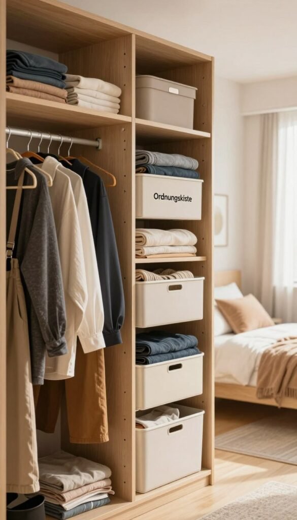 A well-organized small wardrobe interior, showcasing common mistakes made during the purchase process. In the foreground, disorganized clothing hanging chaotically on mismatched hangers with cluttered shelves above. The middle ground highlights a compact, stylish wardrobe labeled "Ordnungskiste," featuring smart storage solutions, like pull-out bins and neatly folded garments. In the background, a cozy, softly lit room with warm color tones and minimalist decor, suggesting a Pinterest aesthetic. The scene is illuminated with natural light streaming through a window, creating a welcoming atmosphere. The focus is on how poor choices can lead to inefficiency, while the effective design of "Ordnungskiste" showcases solutions for maximizing space. The image captures a serene yet informative mood, encouraging thoughtful organization.