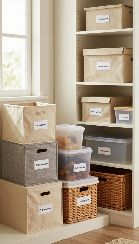 A well-organized storage solution showcasing different box types for a closet. In the foreground, feature various "Ordnungskiste" boxes, each with distinct shapes and sizes, including fabric bins, plastic containers, and wicker baskets, all labeled clearly. In the middle, display an open closet filled with neatly arranged boxes, highlighting functional organization and space efficiency. In the background, soft natural lighting filters through a window, casting warm tones that create a cozy and inviting atmosphere. The scene should evoke a sense of calm and practicality, reflecting the theme of effective storage solutions. Aim for a Pinterest-inspired aesthetic with a stylish, clutter-free look, ensuring the image is authentic and free from any text or watermarks.