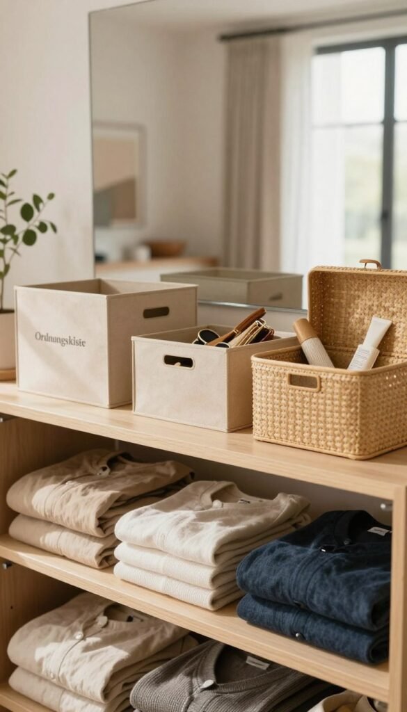 A well-organized, stylish wardrobe featuring "Ordnungskiste" storage solutions. In the foreground, neatly arranged shelves display a variety of folded clothes in soft, natural colors. The middle ground showcases a variety of open storage boxes and baskets, designed to hold accessories and smaller items, all crafted from sustainable materials, enhancing the warm atmosphere. In the background, there's a soft-focus glimpse of a serene, minimalist room with neutral tones and large windows allowing natural light to flood in, creating cozy shadows. The overall mood is inviting and organized, reflecting an efficient everyday system for maintaining a neat appearance. The image should feature no text, maintaining a Pinterest-inspired aesthetic with authentic, natural visuals.