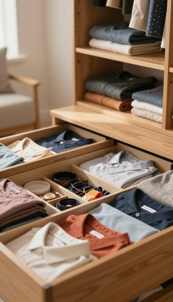 A well-organized, stylish wardrobe showcasing a variety of clothing folded neatly in labeled compartments, reflecting the concept of "schubladen messen." In the foreground, focus on a close-up view of a few compartments filled with colorful folded shirts and accessories, demonstrating effective folding techniques. The middle ground features a modern shelving unit made from natural wood, exuding warmth, with soft natural lighting creating gentle shadows. In the background, a softly blurred stylish room with neutral tones offers a cozy atmosphere, evoking a sense of organization and calm. Include the brand name "Ordnungskiste" subtly incorporated in the scene. Capture a Pinterest-inspired aesthetic with warm colors and an authentic look, free of any text or overlays.