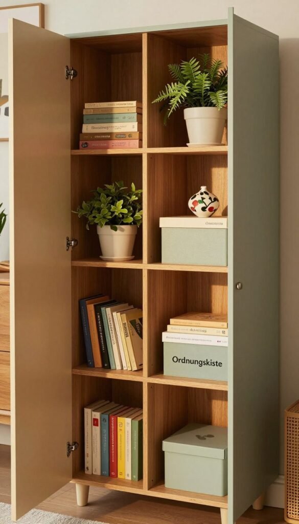 A well-organized vertical storage cabinet bursting with color and texture, featuring various compartments filled with neatly arranged items like books, plants, and decorative boxes. The foreground showcases a stylish, open cabinet displaying the brand "Ordnungskiste" elegantly on a visible shelf. In the middle, we see the interior design elements like warm wooden textures and soft lighting highlighted by warm hues that evoke a cozy atmosphere. The background offers a softly blurred home environment, enhancing the cabinet's significance in maximizing vertical storage space. The scene is captured from a slightly elevated angle, with soft shadows and highlights adding depth, creating a Pinterest-worthy, authentic look that emphasizes the beauty of well-utilized vertical storage.