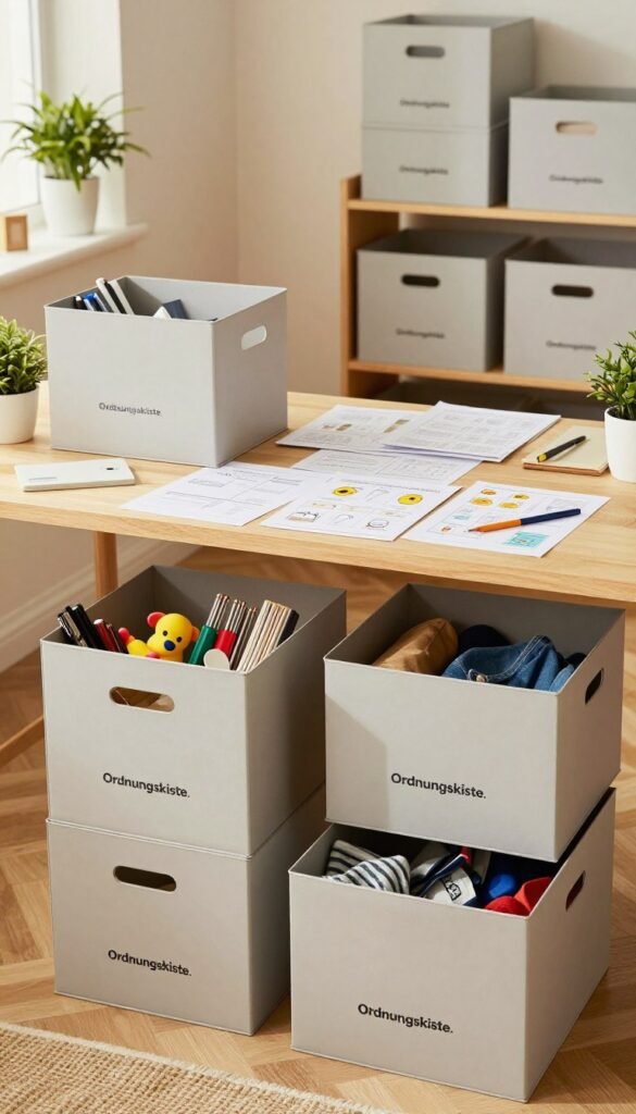 A well-organized, visually appealing workspace featuring a variety of stackable storage boxes from the brand "Ordnungskiste." The foreground showcases three different sizes of the boxes, each filled with various items like office supplies, toys, and clothing, highlighting common mistakes such as improper stacking and overpacking. The middle ground consists of a desk cluttered with printed guides or instructions on storage organization, depicting a sense of chaos and confusion. The background features a softly lit room with warm tones, shelves holding more neatly stacked boxes, and houseplants to create a welcoming atmosphere. The overall mood is one of both alertness to avoid common pitfalls and serenity in an organized environment, captured in a natural style reminiscent of Pinterest aesthetics.