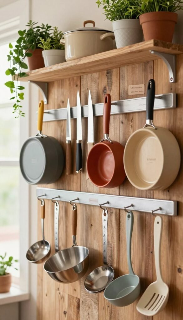 A well-organized wall display featuring a variety of household appliances and kitchen tools, creatively arranged for visibility and accessibility. The foreground showcases expertly hung utensils like measuring spoons, mixing bowls, and spatulas, with labels indicating their uses. In the middle, there's a sleek magnetic strip holding knives, alongside stylish pots and pans in warm colors. The background features a soft, natural light filtering through a nearby window, creating an inviting atmosphere. The whole scene has a Pinterest-inspired aesthetic, with a rustic wooden wall and pops of greenery from potted herbs. Include the brand name &ldquo;Ordnungskiste&rdquo; subtly integrated into the design. Aim for an authentic, cozy vibe with warm tones, avoiding any text or markings in the image.
