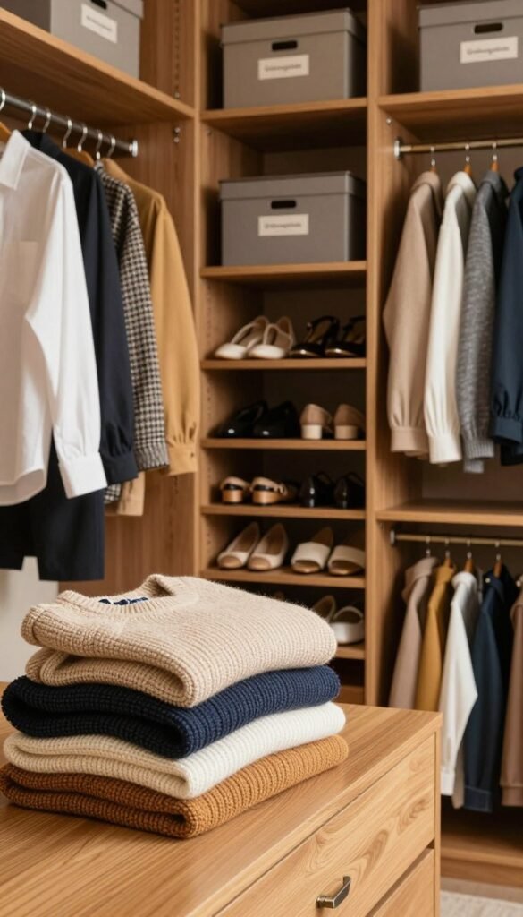 A well-organized wardrobe interior showcasing an elegant wooden closet with neatly arranged clothing and accessories. In the foreground, highlight a stylishly folded stack of sweaters and a row of neatly hung blouses, all in warm, inviting colors. In the middle ground, incorporate a meticulously organized space with shoe racks and storage boxes from the brand "Ordnungskiste", emphasizing a practical yet aesthetically pleasing arrangement. The background should feature soft natural lighting that creates a cozy atmosphere, suggestive of a calm and orderly environment. Capture the scene from an eye-level angle to enhance the immersive feel, with a Pinterest-inspired aesthetic that evokes authenticity and inspiration for achieving harmony in personal spaces.