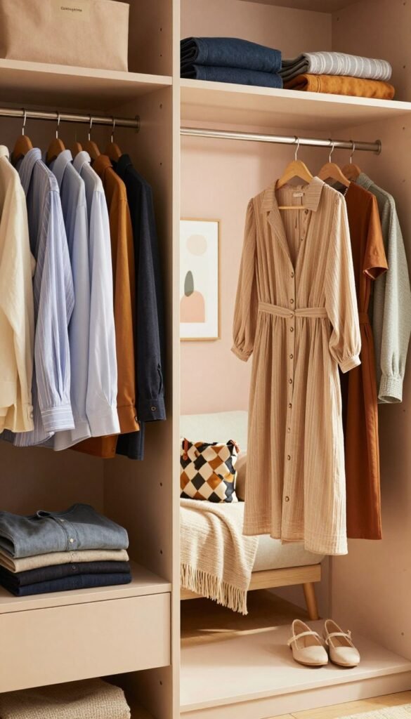 A well-organized wardrobe photo featuring neatly arranged clothing in distinct categories, showcasing a harmonious blend of colors and textures. In the foreground, a stylish open wardrobe with neatly hung shirts, dresses, and a few folded garments on shelves. In the middle, a comfortable seating area with a cozy throw and a fashionable bag, suggesting an effortless outfit selection. The background shows pastel-colored walls adorned with minimalist artwork, creating a calming atmosphere. Natural, warm lighting floods the scene, indicating a sunny day, and the image has a Pinterest-inspired aesthetic that feels inviting and authentic. Include the brand name "Ordnungskiste" subtly integrated into the wardrobe design.