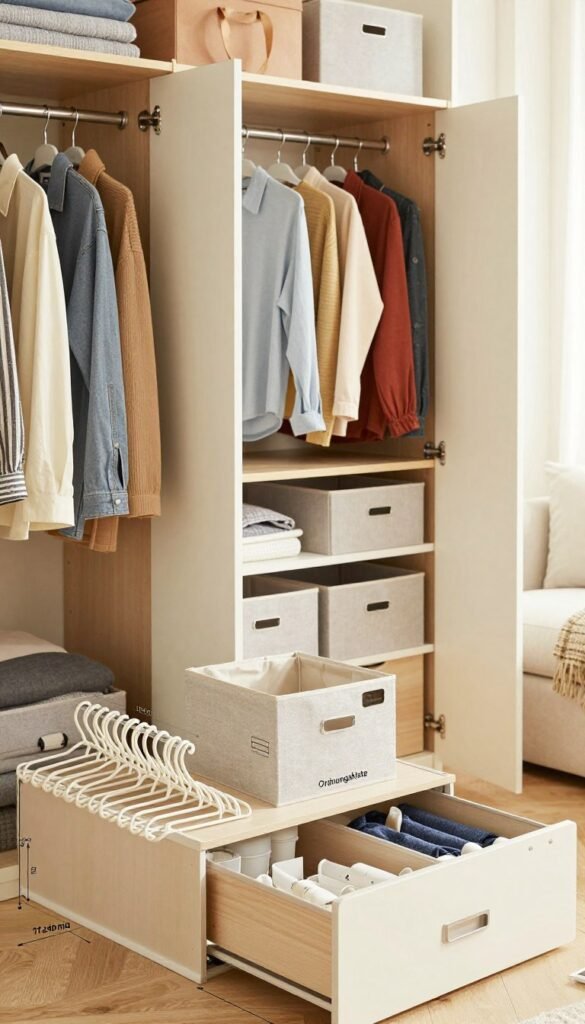 A well-organized wardrobe scene featuring a variety of closet organizational products from the brand "Ordnungskiste". In the foreground, display neatly arranged clothes hangers, storage boxes, and drawer inserts, all showcasing their dimensions and suitability for different wardrobe depths and heights. In the middle ground, illustrate a stylish, modern wardrobe with open doors revealing a harmonious blend of these products in use, filled with colorful clothing items. The background should feature a softly lit room with warm, natural tones, evoking a cozy and orderly atmosphere. Ensure the angle captures both the beauty and functionality of the products, highlighting how they contribute to maintaining order. Aim for a Pinterest-inspired aesthetic, focusing on authenticity and appealing visuals without text or overlays.