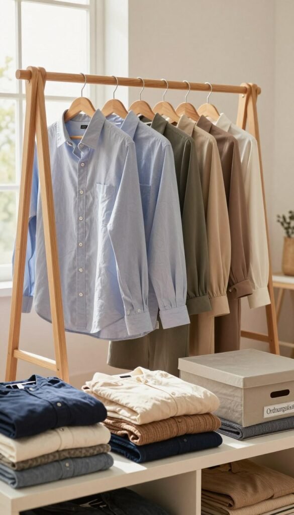 A well-organized wardrobe scene illustrating the concept of "lagerung" for clothing. In the foreground, a neatly arranged shelf displaying various folded garments, showcasing an array of textures and colors, emphasizing cleanliness and order. In the middle, a stylish wooden clothing rack holds well-pressed shirts and dresses, with soft lighting casting gentle shadows, enhancing the warmth of the colors. The background features airy windows allowing natural light to stream in, creating a fresh and inviting atmosphere. Include details such as a stylish, labeled storage box named "Ordnungskiste" to emphasize the theme of proper storage. The image should convey a mood of tranquility and tidiness, with a Pinterest-inspired aesthetic that invites viewers to take notes on effective storage solutions for wrinkle-free clothing. No text or watermarks present.