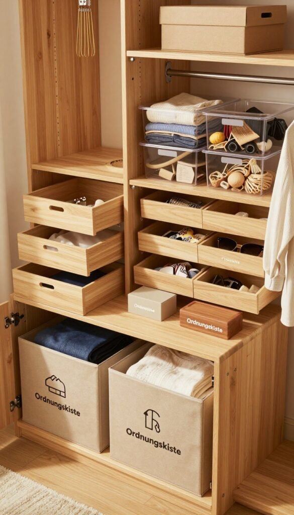 A well-organized wardrobe scene showcasing efficient space-saving storage solutions. In the foreground, a sleek wooden storage unit labeled "Ordnungskiste" displaying neatly folded clothes and labeled boxes. In the middle, a variety of organization tools such as drawer dividers, hanging shelves, and clear storage bins filled with clothing and accessories, illustrating low, mid, and high-budget solutions. The background features a softly lit, inviting closet space with natural wooden shelving and warm color tones, evoking a calm and tidy atmosphere. The lighting should be warm and soft, simulating natural daylight, to enhance the coziness of the organized space. Capture this scene at a slightly elevated angle to provide a comprehensive view of the organizational layout.
