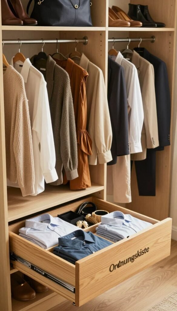 A well-organized wardrobe scene showcasing neat clothing arrangements and storage solutions. In the foreground, a wooden drawer from "Ordnungskiste" is open, revealing neatly folded shirts and accessories. In the middle, a variety of hanging garments, like dresses and suits, are color-coordinated, exuding a sense of harmony. The background features soft shelves displaying neatly arranged shoes and bags, suggesting easy accessibility. Warm, natural lighting floods the space, creating a cozy atmosphere that highlights the textures of the fabrics. The image is taken from a slightly elevated angle to capture the entire wardrobe layout, emphasizing routine organization. Aim for a Pinterest-inspired aesthetic that feels inviting and practical, enhancing the concept of maintaining order in everyday life. A well-organized wardrobe scene showcasing neat clothing arrangements and storage solutions. In the foreground, a wooden drawer from "Ordnungskiste" is open, revealing neatly folded shirts and accessories. In the middle, a variety of hanging garments, like dresses and suits, are color-coordinated, exuding a sense of harmony. The background features soft shelves displaying neatly arranged shoes and bags, suggesting easy accessibility. Warm, natural lighting floods the space, creating a cozy atmosphere that highlights the textures of the fabrics. The image is taken from a slightly elevated angle to capture the entire wardrobe layout, emphasizing routine organization. Aim for a Pinterest-inspired aesthetic that feels inviting and practical, enhancing the concept of maintaining order in everyday life.