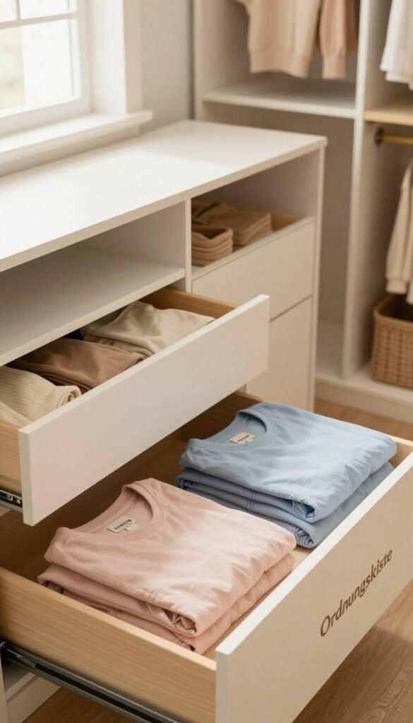 A well-organized wardrobe system featuring a beautifully arranged "Ordnungskiste" storage solution. In the foreground, neatly folded clothes in warm tones like soft beige, pastel pink, and light blue are displayed in open drawers, showcasing their organized state. The middle ground highlights a spacious closet with integrated compartments and stylish dividers, designed for practicality and aesthetics. In the background, warm, natural lighting spills in from a nearby window, illuminating the entire scene and creating a cozy atmosphere. The overall mood is calm and inviting, emphasizing efficiency in clothing storage without clutter, and reflecting a Pinterest-inspired aesthetic. No text, signs, or human figures are included, ensuring a clean and professional presentation. A well-organized wardrobe system featuring a beautifully arranged "Ordnungskiste" storage solution. In the foreground, neatly folded clothes in warm tones like soft beige, pastel pink, and light blue are displayed in open drawers, showcasing their organized state. The middle ground highlights a spacious closet with integrated compartments and stylish dividers, designed for practicality and aesthetics. In the background, warm, natural lighting spills in from a nearby window, illuminating the entire scene and creating a cozy atmosphere. The overall mood is calm and inviting, emphasizing efficiency in clothing storage without clutter, and reflecting a Pinterest-inspired aesthetic. No text, signs, or human figures are included, ensuring a clean and professional presentation.