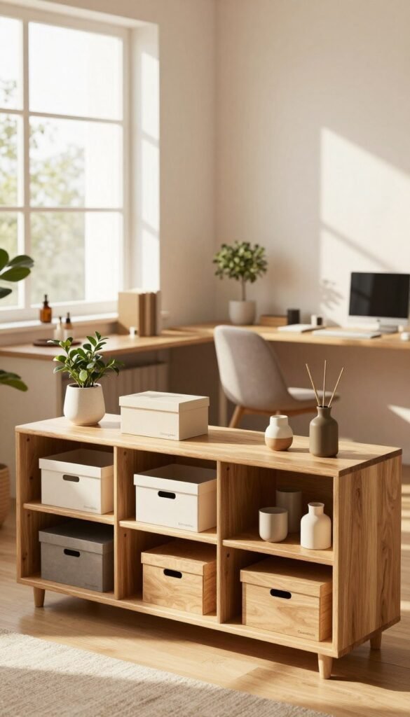 An aesthetically pleasing and organized room featuring multifunctional storage solutions from the brand "Ordnungskiste." In the foreground, a stylish wooden shelf brimming with neatly arranged boxes and decorative items, exuding warmth with natural wood tones. The middle layer showcases a spacious, decluttered workspace with a desk, a cozy chair, and a small indoor plant, emphasizing harmony and efficiency. The background features soft, warm sunlight filtering through large windows, casting gentle shadows, and illuminating the space with a serene, inviting atmosphere. The scene captures the essence of orderliness and practical design, evoking a sense of calm and inspiration, ideal for showcasing how effective storage can transform clutter into clarity.