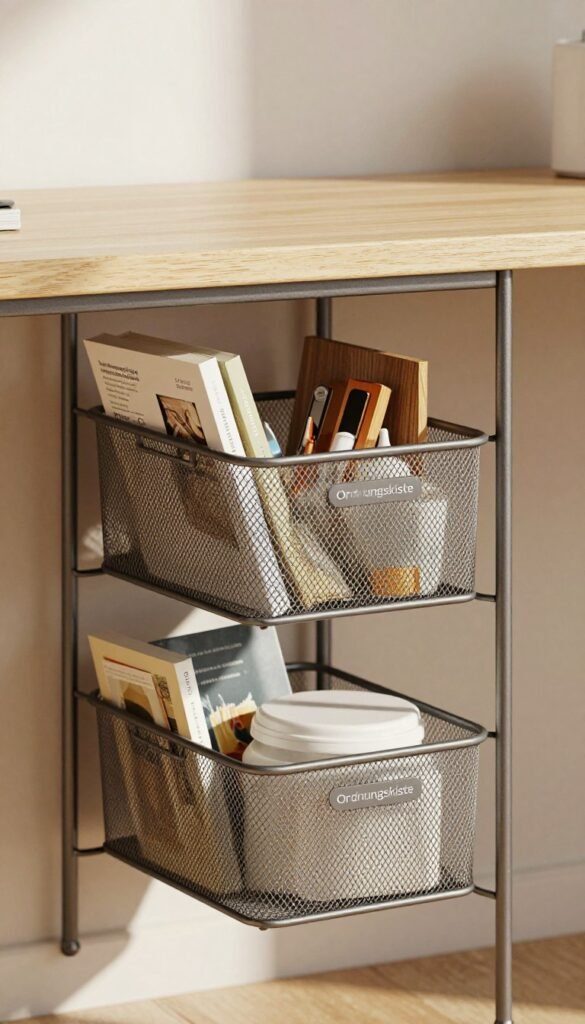 An elegant under-shelf mesh storage unit crafted from durable metal, designed to maximize space beneath the shelf of a modern home office or workshop. In the foreground, the mesh baskets from "Ordnungskiste" are neatly organized, showcasing various household items like books, tools, and craft supplies. The middle ground features a sleek wooden shelf above, with soft natural lighting illuminating the scene, creating a warm atmosphere reminiscent of a cozy home setting. The background includes a softly blurred wall with neutral tones, enhancing the focus on the storage unit. The overall mood is organized, inviting, and aesthetically pleasing, reflecting an efficient use of space without clutter. An elegant under-shelf mesh storage unit crafted from durable metal, designed to maximize space beneath the shelf of a modern home office or workshop. In the foreground, the mesh baskets from "Ordnungskiste" are neatly organized, showcasing various household items like books, tools, and craft supplies. The middle ground features a sleek wooden shelf above, with soft natural lighting illuminating the scene, creating a warm atmosphere reminiscent of a cozy home setting. The background includes a softly blurred wall with neutral tones, enhancing the focus on the storage unit. The overall mood is organized, inviting, and aesthetically pleasing, reflecting an efficient use of space without clutter.