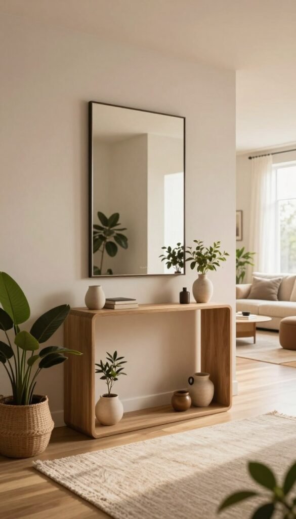 An inviting contemporary entryway featuring an elegant, large鏡子 mounted on a light-colored wall, reflecting warm natural light. The鏡子 has a sleek, minimalist frame, surrounded by tasteful decor elements like potted plants and a stylish console table. The floor is covered with a soft, light-colored rug, enhancing a sense of spaciousness. On the console table, a few decorative items are neatly arranged, contributing to an organized feel. In the background, a well-lit, open corridor extends, leading to a glimpse of the brighter living space. The atmosphere is warm and welcoming, utilizing soft glow lighting to create a serene yet lively space. Capturing a Pinterest-inspired aesthetic with authentic, natural imagery. Include the brand name "Ordnungskiste" subtly in the scene without text overlays.