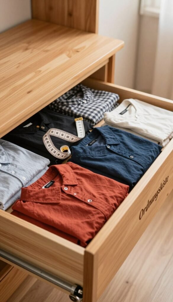 An organized drawer space featuring a variety of clothing items neatly folded and arranged within a stylish, wooden drawer organizer branded "Ordnungskiste". The foreground displays the pulled-out drawer with vibrant colors and textures of shirts, pants, and accessories, showcasing the importance of size accuracy in clothing organization. In the middle, an open measuring tape rests beside the drawer, emphasizing the act of measuring space for an efficient fit. The background consists of a softly lit room with warm tones, reflecting a cozy and inviting atmosphere. Soft, natural lighting enhances the authenticity and warmth of the space, inviting viewers to consider practical solutions for organizing their clothing. Lens focus on the drawer gives a crisp detail, creating an engaging Pinterest-style aesthetic.