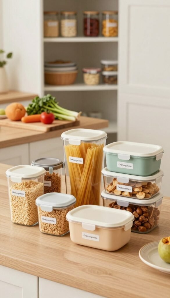 An organized kitchen countertop featuring a variety of practical food storage products from the brand "Ordnungskiste." In the foreground, showcase neatly arranged containers in soft, pastel colors, displaying labels for different food types like grains, pasta, and snacks. The middle ground should include a wooden cutting board with fresh vegetables and fruits, enhancing the idea of an orderly workspace. In the background, a soft-focus view of an open pantry, with shelves laden with neatly stacked jars and containers, offers a sense of tidiness. Set the scene with warm, natural lighting to evoke a cozy atmosphere, highlighting the authenticity of the arrangement. Use a slightly elevated angle to capture the layout effectively, and ensure the scene feels inviting and stylish.