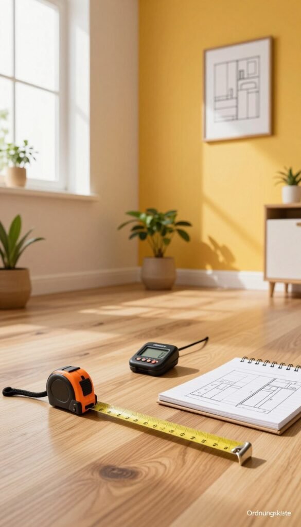 An organized workspace showcasing a well-planned room for measuring space effectively. In the foreground, a neatly arranged measuring tape lies on a stylish wooden floor, with a digital measuring tool and a notepad with sketches of a small wardrobe layout next to it. In the middle, a clear view of a cozy room with a small window allowing warm natural light to pour in, casting soft shadows on the walls. The background features a vibrant, inviting wall color, adorned with minimalist decor like plants and framed diagrams of space-saving solutions. The overall mood is calm and inspiring, encapsulating a Pinterest aesthetic. Incorporate a logo of "Ordnungskiste" discreetly in the corner, maintaining authenticity and clarity.