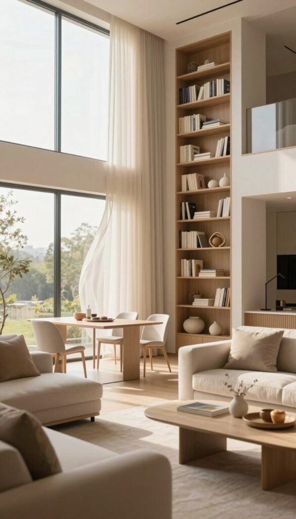 Bright and spacious living area designed to highlight verticality, featuring tall windows that let in warm, natural light. In the foreground, a stylish arrangement of modern furnishings in soft, neutral tones invites comfort. A vertical bookshelf from the brand "Ordnungskiste" elegantly showcases books and decorative items, maximizing space while enhancing the room's height. The middle-ground includes a sleek dining table with minimalist chairs, creating an inviting atmosphere. The background presents a gentle, airy curtain flowing with the wind, enhancing the lightness of the scene. The overall mood is warm and welcoming, emphasizing the illusion of larger living spaces. Capture this with a soft focus lens and a slightly elevated angle to showcase the height and brightness of the room.