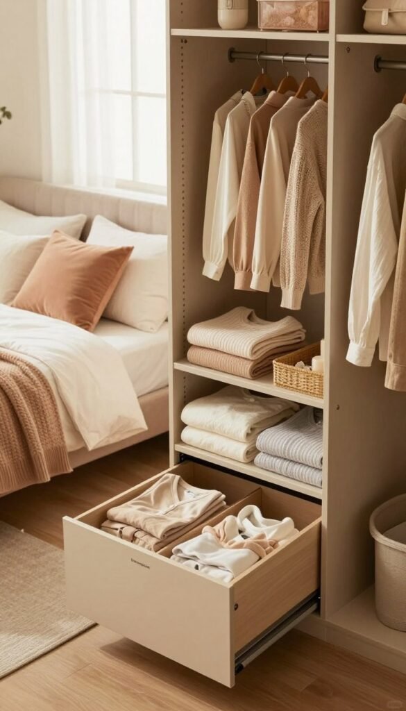 Create a cozy and inviting bedroom scene showcasing a well-organized wardrobe that reflects the buying criteria of storage solutions. In the foreground, display a stylish wardrobe labeled with the brand name "Ordnungskiste," featuring spacious compartments, neatly folded clothes, and organized accessories. In the middle ground, include a soft, warm-toned bed with pastel cushions and a textured throw, creating a harmonious atmosphere. The background should feature a softly lit window, allowing natural light to filter in and highlight the wardrobe's details. Use a slightly elevated angle to capture the entire scene, emphasizing the neatness and functionality of the wardrobe. The overall mood should be warm, inviting, and appealing, embodying a Pinterest-worthy aesthetic that inspires organization without any text or branding distractions.