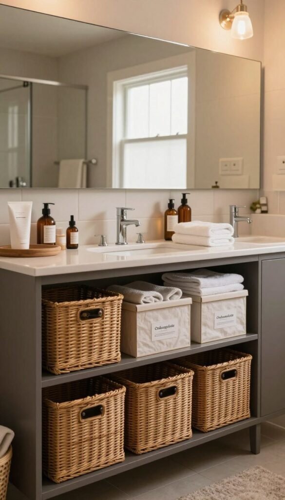 Create a cozy and organized bathroom scene featuring a stylish mirrored cabinet prominently displayed. In the foreground, include neatly arranged wicker baskets and moisture-resistant storage boxes labeled "Ordnungskiste," conveying a sense of order. The middle ground should depict a sleek countertop with essential toiletries and soft towels artfully arranged, enhancing the space's functionality. In the background, design a calming ambiance with soft, warm lighting filtering through a frosted window, casting gentle shadows that evoke a relaxed atmosphere. Use a wide-angle lens to capture the expansive feel of the room while maintaining clarity in the details. Aim for a Pinterest-inspired aesthetic with natural colors, ensuring a harmonious balance between style and practicality. The overall mood should be inviting and serene, perfect for illustrating effective storage solutions in a contemporary bathroom.