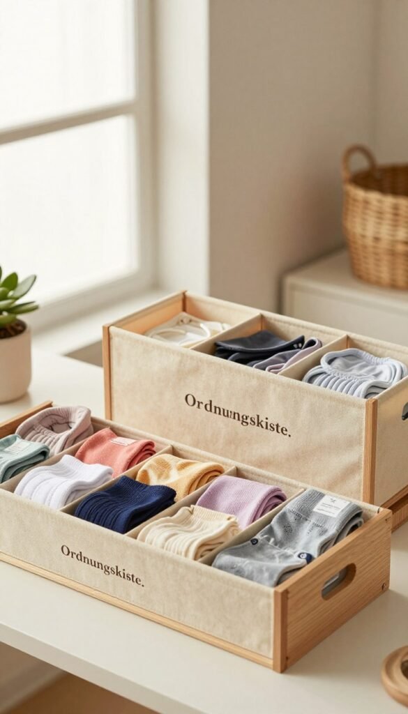 Create a cozy and organized workspace showcasing a beautiful assortment of underwear and sock organizers from the brand "Ordnungskiste." In the foreground, depict neatly arranged organizers made of natural materials like wood and fabric, filled with colorful socks and neatly folded underwear. In the middle, capture a gentle, warm light filtering through a window, enhancing the inviting atmosphere. The background should feature a softly blurred, aesthetically pleasing room with warm colors and a Pinterest-inspired aesthetic, possibly including a simple houseplant or a decorative basket. The overall mood should evoke feelings of tranquility and order, promoting the idea of preparation before purchasing new items, while ensuring the absence of any text or watermarks.