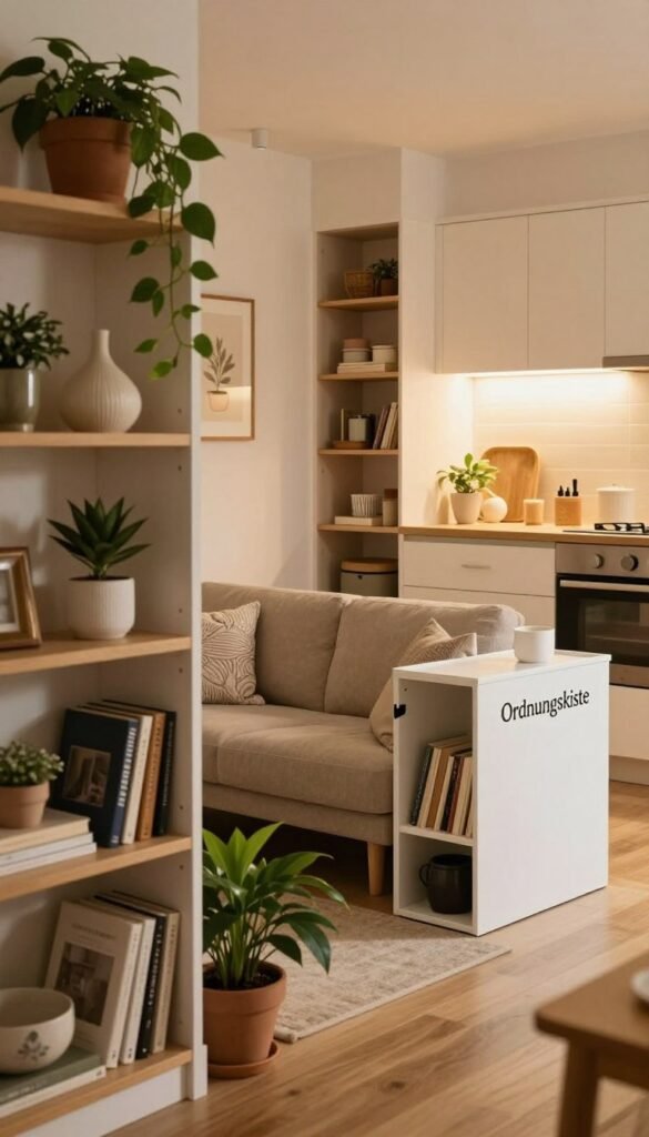 Create a cozy interior scene showcasing clever storage solutions in a small apartment. In the foreground, display stylish open shelves filled with various decorative items, books, and plants, emphasizing the use of vertical space. The middle ground should feature a cozy seating area with a compact sofa, surrounded by ingenious storage units that utilize nooks and hidden corners, including an elegant "Ordnungskiste" box. In the background, a warm, well-lit kitchen area can be seen, showcasing organized drawers and pull-out shelves to enhance functionality. Use soft, natural lighting to create a welcoming atmosphere, and evoke a Pinterest aesthetic with warm colors and a harmonious design. Avoid any text or branding on the image itself.