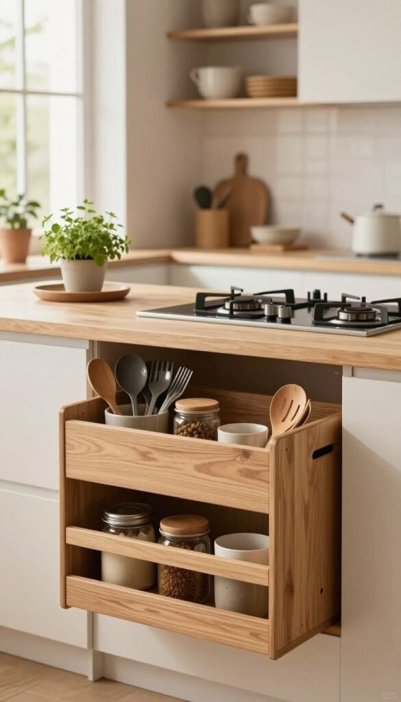 Create a serene and inviting kitchen scene that highlights minimalist storage solutions. In the foreground, showcase a stylish, natural wood Ordnungskiste filled with neatly organized kitchen utensils, spices, and jars. The middle layer features a sleek countertop with a small herb garden and a modern stovetop, exuding functionality and elegance. In the background, soft, warm lighting filters through a window, illuminating white cabinets and open shelving adorned with tasteful kitchenware. Use a shallow depth of field to gently blur the background, ensuring the Ordnungskiste remains the focal point. Capture the essence of the article's theme with a cozy, Pinterest-inspired ambiance, emphasizing natural materials and a harmonious layout, while maintaining a clean and clutter-free aesthetic.