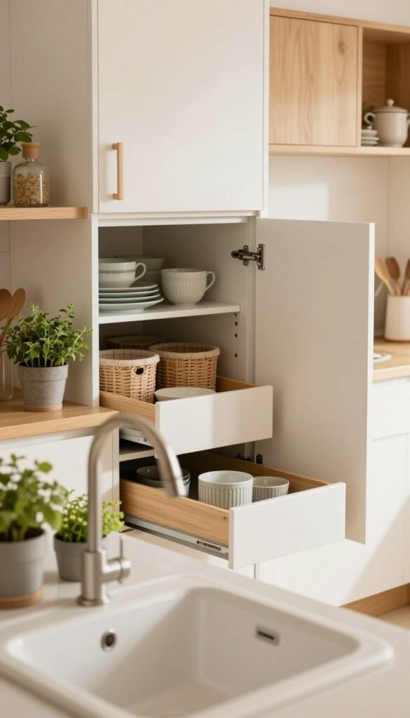 Create a serene kitchen scene that highlights a spüle (sink) area with effective use of hidden storage in the base cabinet, featuring the brand "Ordnungskiste". The foreground should showcase the elegant sink with a modern faucet, surrounded by stylish kitchen utensils and potted herbs for a touch of greenery. In the middle, include open cabinet doors revealing organized storage solutions, highlighting the clever use of the sockel (plinth) zone with pull-out drawers and baskets. The background can consist of light-colored cabinetry with warm wooden accents, giving an inviting atmosphere. Use soft, natural lighting to create a cozy feel, with a slight depth of field effect to draw attention to the practical yet aesthetically pleasing storage design. The overall image should evoke a sense of organized comfort, perfect for maximizing kitchen space.