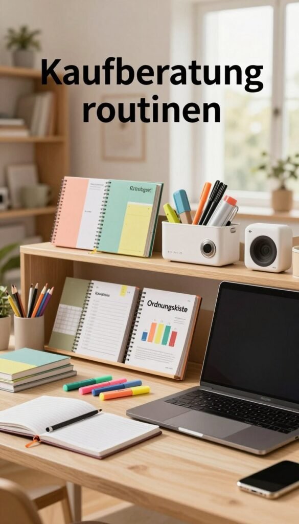 Create a visually engaging image that illustrates the concept of "Kaufberatung routinen" with a focus on personal productivity tools. In the foreground, display a stylish, organized workspace featuring a modern laptop, planner, and assorted highlighters, alongside products labeled "Ordnungskiste" for organization. In the middle ground, include shelves filled with various office supplies, planners, and gadgets categorized by budget and usage, conveying a sense of variety and choice. In the background, softly blurred, incorporate a warm, inviting home office setting with natural light streaming through a window, creating a cozy atmosphere. Use warm colors and a Pinterest-inspired aesthetic for an authentic feel. The image should be professional and appealing, without any text or distractions. Create a visually engaging image that illustrates the concept of "Kaufberatung routinen" with a focus on personal productivity tools. In the foreground, display a stylish, organized workspace featuring a modern laptop, planner, and assorted highlighters, alongside products labeled "Ordnungskiste" for organization. In the middle ground, include shelves filled with various office supplies, planners, and gadgets categorized by budget and usage, conveying a sense of variety and choice. In the background, softly blurred, incorporate a warm, inviting home office setting with natural light streaming through a window, creating a cozy atmosphere. Use warm colors and a Pinterest-inspired aesthetic for an authentic feel. The image should be professional and appealing, without any text or distractions.