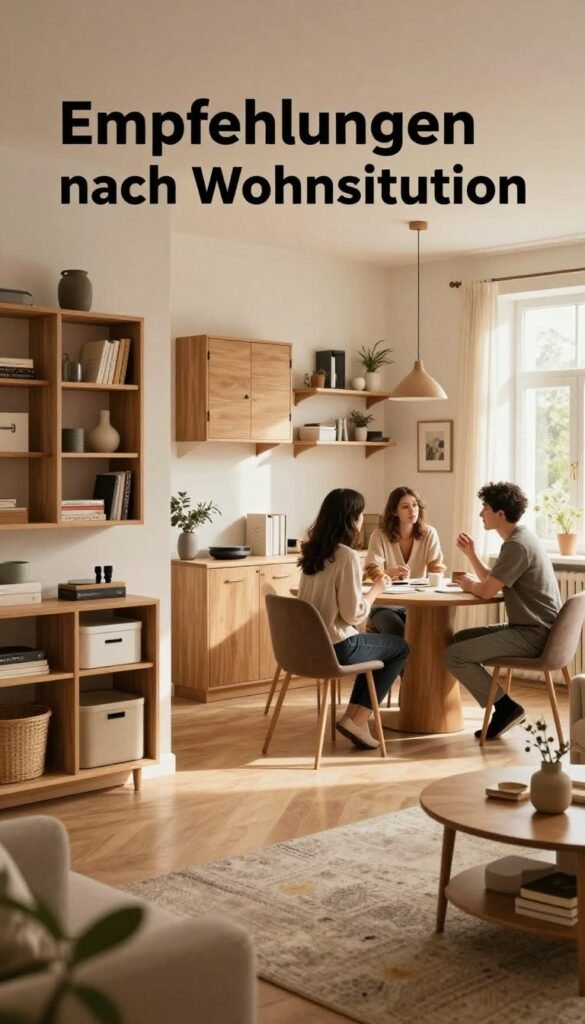 Create a warm-toned, naturalistic image depicting a cozy and stylish living space that illustrates "Empfehlungen nach Wohnsituation". The foreground features a beautifully organized room with various vertical storage solutions, such as shelves, bookcases, and wall-mounted units. Include an inviting seating area with tasteful decor. In the middle ground, show a small dining space with elegant yet functional storage options, like cabinets and clever shelving systems. In the background, have a soft-lit window allowing natural sunlight to fill the room, enhancing the inviting atmosphere. Ensure that the space represents modern design trends commonly found on Pinterest, emphasizing functionality and beauty. Include stylish, modestly dressed individuals discussing their choices regarding storage, conveying a collaborative mood. Incorporate elements related to "Ordnungskiste", like their products subtly arranged within the scene, enhancing the theme without overwhelming it.