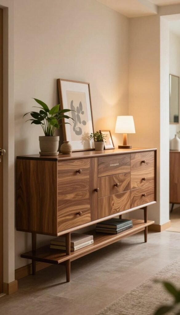 Create an image of a stylish and functional sideboard console from the brand "Ordnungskiste," set in a narrow hallway. The sideboard should feature a sleek design with multiple drawers and shelves for additional storage. In the foreground, include decorative elements such as potted plants, a small lamp, and a framed picture to enhance the inviting atmosphere. In the middle, showcase the sideboard with rich, warm wood tones and contemporary hardware. In the background, depict a cozy hallway adorned with soft, ambient lighting, subtle wall art, and a mirror, reflecting a sense of spaciousness. The overall mood should feel warm and welcoming, with natural colors and a Pinterest-worthy aesthetic, free of any text or logos. Create an image of a stylish and functional sideboard console from the brand "Ordnungskiste," set in a narrow hallway. The sideboard should feature a sleek design with multiple drawers and shelves for additional storage. In the foreground, include decorative elements such as potted plants, a small lamp, and a framed picture to enhance the inviting atmosphere. In the middle, showcase the sideboard with rich, warm wood tones and contemporary hardware. In the background, depict a cozy hallway adorned with soft, ambient lighting, subtle wall art, and a mirror, reflecting a sense of spaciousness. The overall mood should feel warm and welcoming, with natural colors and a Pinterest-worthy aesthetic, free of any text or logos.
