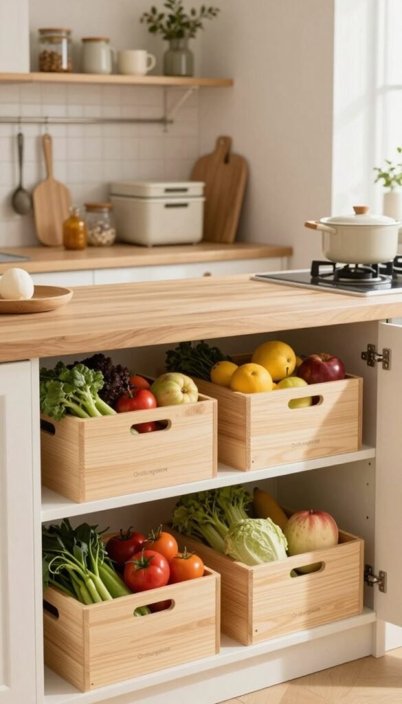 Create an image showcasing a well-organized kitchen scene that emphasizes storage solutions, featuring branded “Ordnungskiste” containers. In the foreground, display neatly arranged storage boxes made of natural materials, filled with vibrant, fresh produce such as fruits and vegetables. The middle ground should show a beautifully decorated kitchen countertop complemented by soft, warm lighting, highlighting the functional yet aesthetic design of the kitchen. In the background, incorporate shelving with additional storage solutions and a cozy, inviting atmosphere, adopting a Pinterest-inspired look. Use natural light to create an airy feel, and capture the image from a slight angle to enhance depth. Aim for an authentic, relatable atmosphere without any text or distractions.
