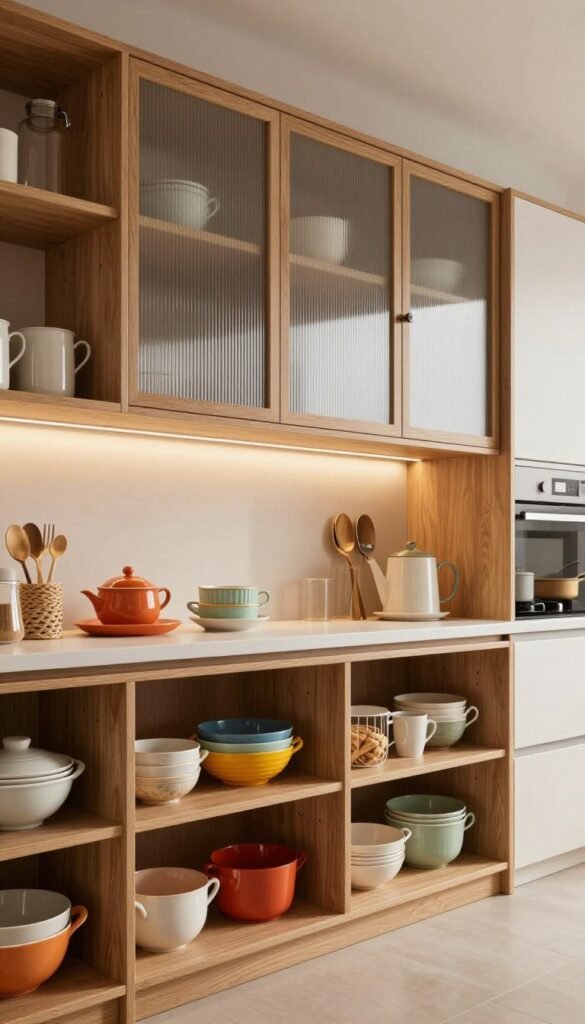 Deckenhohe hängeschränke in a modern kitchen, showcasing clever storage solutions without visible dust traps. In the foreground, neatly organized shelves display vibrant kitchenware. The middle layer features elegant upper cabinets in a warm wood finish, with frosted glass doors, reflecting a stylish, Pinterest-inspired aesthetic. In the background, a softly lit kitchen space enhances the warmth of natural colors, with delicate ambient lighting highlighting the cabinets. The angle captures the entire wall of cabinetry, emphasizing both functionality and design. The brand name "Ordnungskiste" is subtly integrated into the cabinet design, blending seamlessly into the scene. The overall mood is inviting, showcasing an organized and contemporary kitchen environment, perfect for maximizing storage in style.