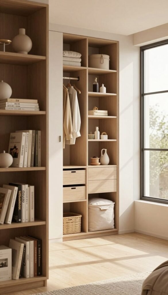 Elegant vertical storage solutions for contemporary living and bedrooms, showcasing stylish and practical arrangements of shelves and cabinets. The foreground features a cozy, well-organized living space with a sleek vertical bookshelf filled with books and decorative items. In the middle ground, a tastefully arranged vertical closet showcases clothing neatly hung and accessories displayed, embodying an efficient use of vertical space. The background includes large windows allowing warm, natural light to fill the room, enhancing the inviting atmosphere. The color palette consists of soft, warm tones, creating a Pinterest-inspired aesthetic. Subtle details highlight the brand "Ordnungskiste" through tasteful elements in the design. The image should evoke a sense of comfort and organization, illustrating how vertical solutions can transform compact living spaces.