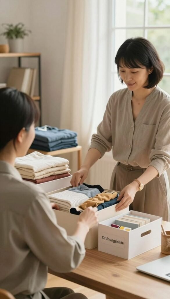 Marie Kondo, gracefully organizing her workspace with a warm and inviting aesthetic, stands at the forefront. She wears a professional yet casual outfit, embodying her minimalist philosophy. In the middle ground, neatly categorized items like clothes, books, and office supplies are displayed in stylish, labeled boxes marked "Ordnungskiste," showcasing her KonMari method. The background features soft natural lighting filtering through a window, illuminating the scene with a cozy, Pinterest-inspired vibe. The overall atmosphere is serene and efficient, highlighting the beauty of organization and the joy of tidying, inviting viewers to embrace a more orderly life. The image captures a moment of peaceful productivity without any text or distractions. Marie Kondo, gracefully organizing her workspace with a warm and inviting aesthetic, stands at the forefront. She wears a professional yet casual outfit, embodying her minimalist philosophy. In the middle ground, neatly categorized items like clothes, books, and office supplies are displayed in stylish, labeled boxes marked "Ordnungskiste," showcasing her KonMari method. The background features soft natural lighting filtering through a window, illuminating the scene with a cozy, Pinterest-inspired vibe. The overall atmosphere is serene and efficient, highlighting the beauty of organization and the joy of tidying, inviting viewers to embrace a more orderly life. The image captures a moment of peaceful productivity without any text or distractions.