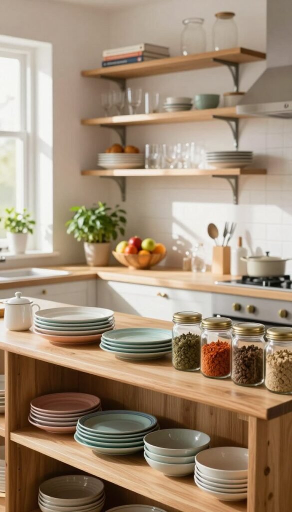 Open shelves in a beautifully organized kitchen, showcasing an aesthetically pleasing arrangement of dishes, glassware, and cookbooks, emphasizing a clean and inviting atmosphere. The foreground highlights a warm wooden shelf adorned with neatly stacked colorful plates and glass jars filled with spices. In the middle background, a well-lit counter includes a stylish fruit bowl and a potted herb plant, adding a touch of greenery. Soft, natural lighting streams in from a nearby window, casting gentle shadows and creating a cozy ambiance. The overall mood is serene and orderly, embodying a Pinterest-worthy look. Include subtle branding elements of "Ordnungskiste" integrated into the design of the shelf decorively. Capture this scene from a slight angle to enhance depth, focusing on the textures and colors of the arranged items, all while maintaining a pristine, clutter-free environment.