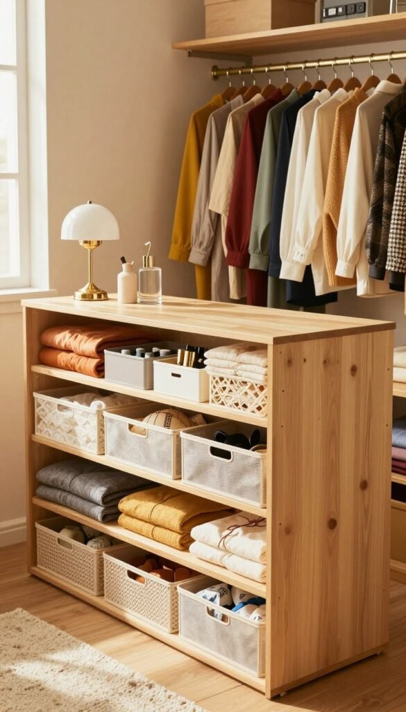 Vibrant, warm-toned image showcasing an organized closet designed with Ordnungskiste storage solutions. In the foreground, neatly arranged compartments and stylish bins are filled with clothing and accessories, illustrating an efficient use of space. The middle features a well-organized wardrobe with color-coordinated garments hanging seamlessly, demonstrating versatility in wardrobe management. The background highlights a stylishly decorated room, exuding a cozy, inviting atmosphere with soft natural lighting filtering through a window. The angle captures the closet&rsquo;s depth, emphasizing organization and functionality. Emphasize a Pinterest-inspired aesthetic, with elegant decor elements that evoke a sense of tranquility and order, avoiding any text or logos within the image.